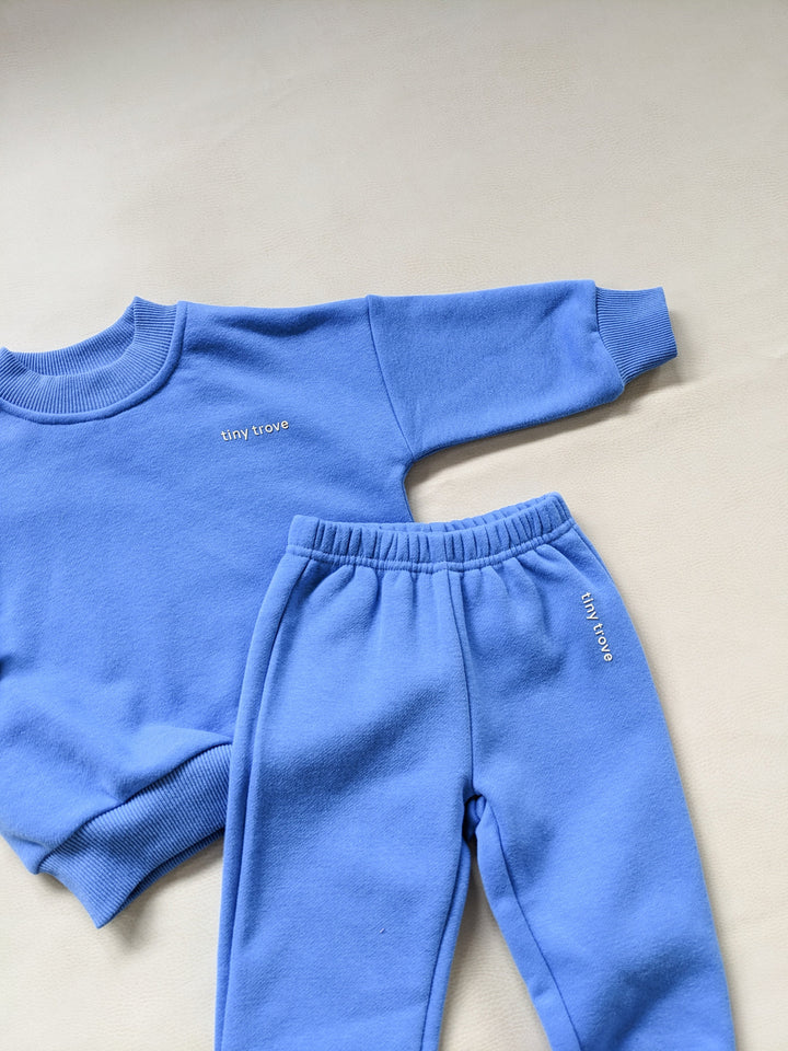 A blue children's two-piece outfit, known as the "Woodie 3D Logo Tracksuit Ocean" by TINY TROVE, consists of a sweatshirt with long sleeves and matching sweatpants made from cozy fleece cotton. The comfortable wear set features "tiny trove" embroidered in small white letters. Both pieces are neatly laid out on a light beige surface.