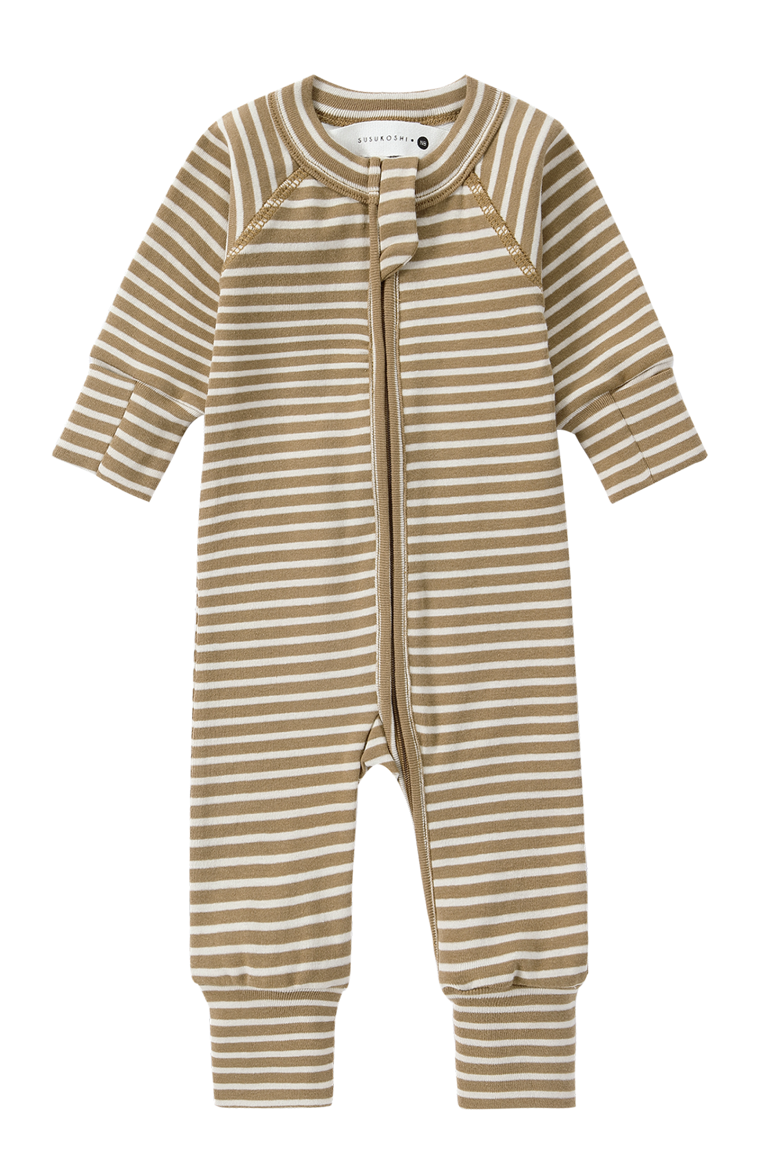 The "Zip LS Pants Autumn Stripe" by SUSUKOSHI is a long-sleeve, footless baby suit featuring beige and white stripes. It includes a convenient two-way zip extending from the round neckline to the left ankle for easy changes. Made from GOTS Organic Cotton, it offers soft and comfortable fabric with ribbed cuffs on the sleeves and legs.