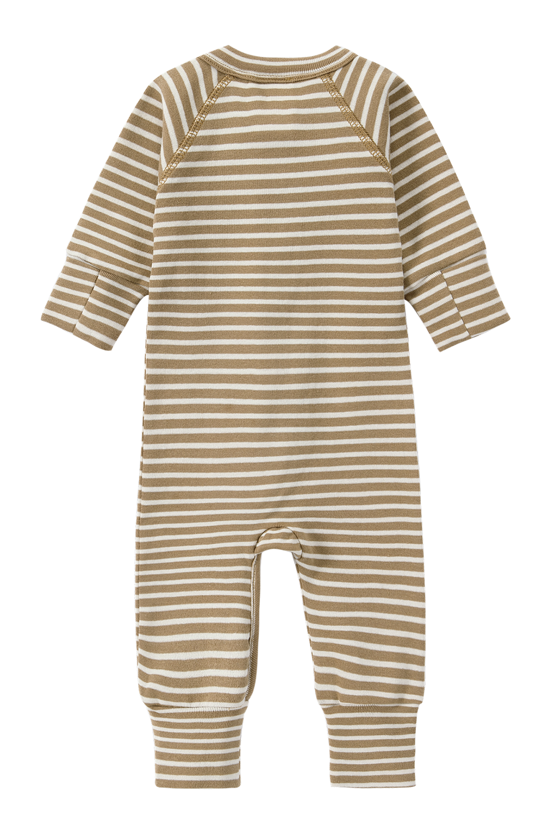 Introducing the Zip LS Pants Autumn Stripe from SUSUKOSHI: a soft and comfortable long-sleeve baby onesie made from GOTS Organic Cotton, featuring a light brown and white striped pattern. This garment includes a round neckline, snaps along the legs for easy diaper changes, and a convenient two-way zip, designed perfectly for infants.