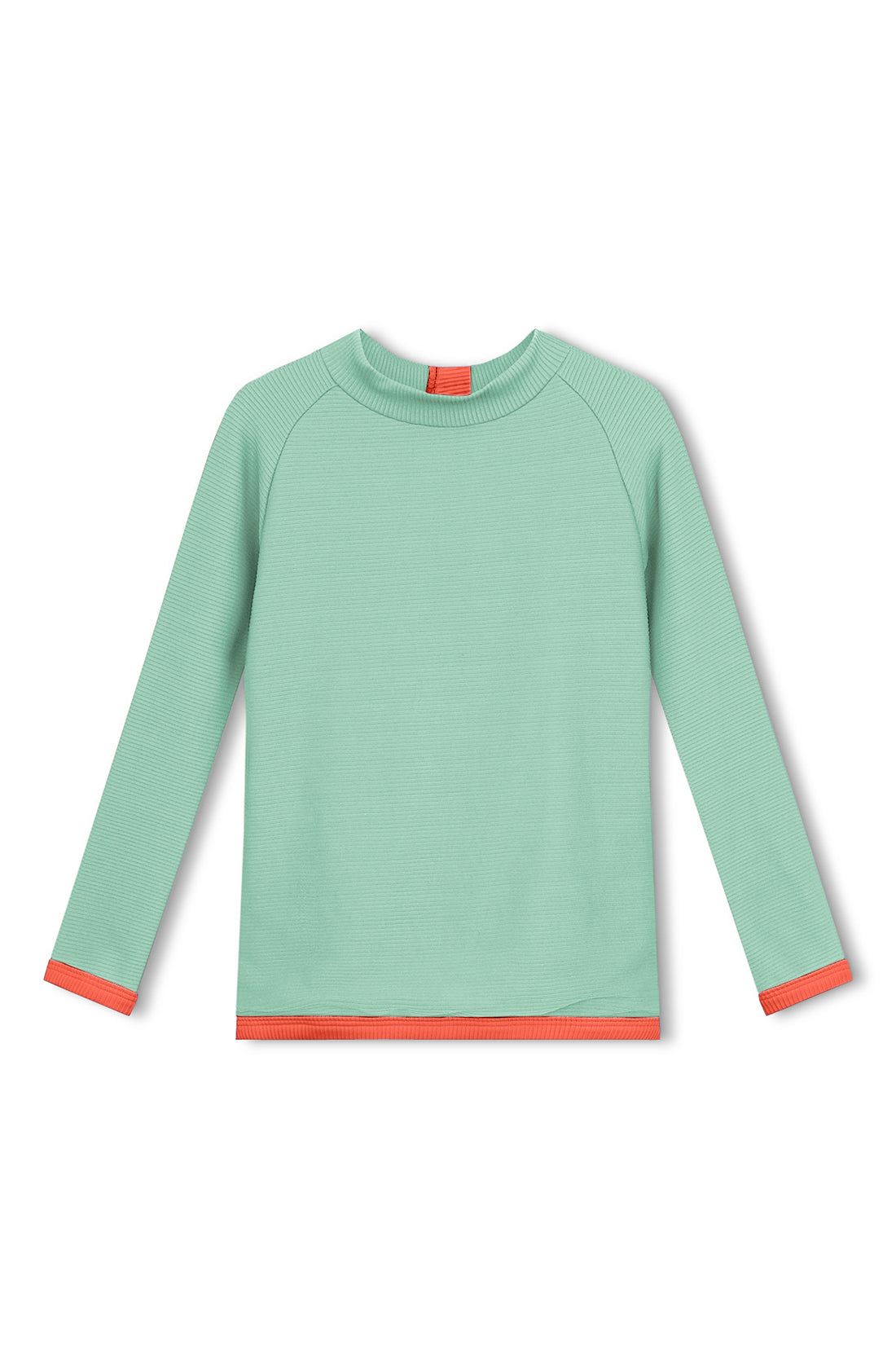 The ZULU & ZEPHYR Mini Rib Rashie in Turquoise is a long-sleeve shirt with a crew neckline, featuring orange trim accents on the sleeve cuffs and hemline. Made from soft, stretchy Repreve Nylon and ECO MADE Recycled Spandex, this shirt also boasts a UPF 50+ rating. Displayed against a plain white background.