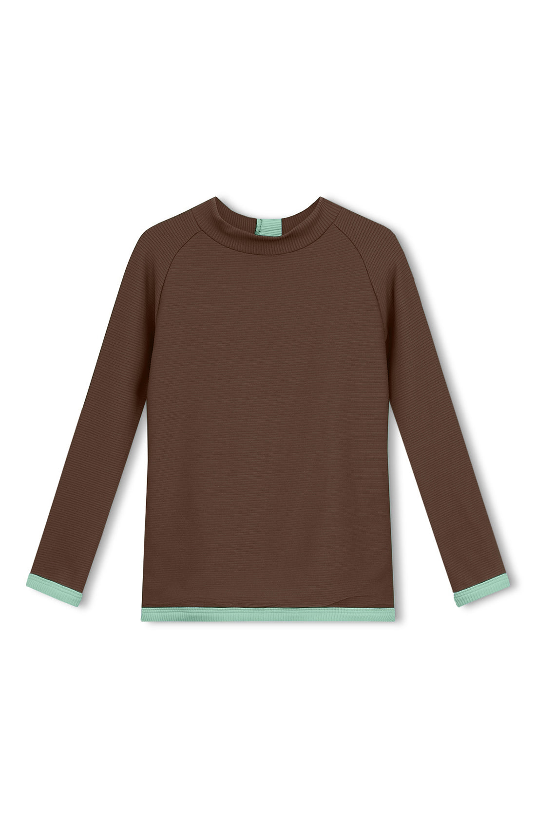 The ZULU & ZEPHYR Mini Rib Rashie Cacao is a long-sleeved brown shirt featuring a round neckline and light green trim on the cuffs and hem, crafted from Repreve Nylon, showcased against a plain white background.