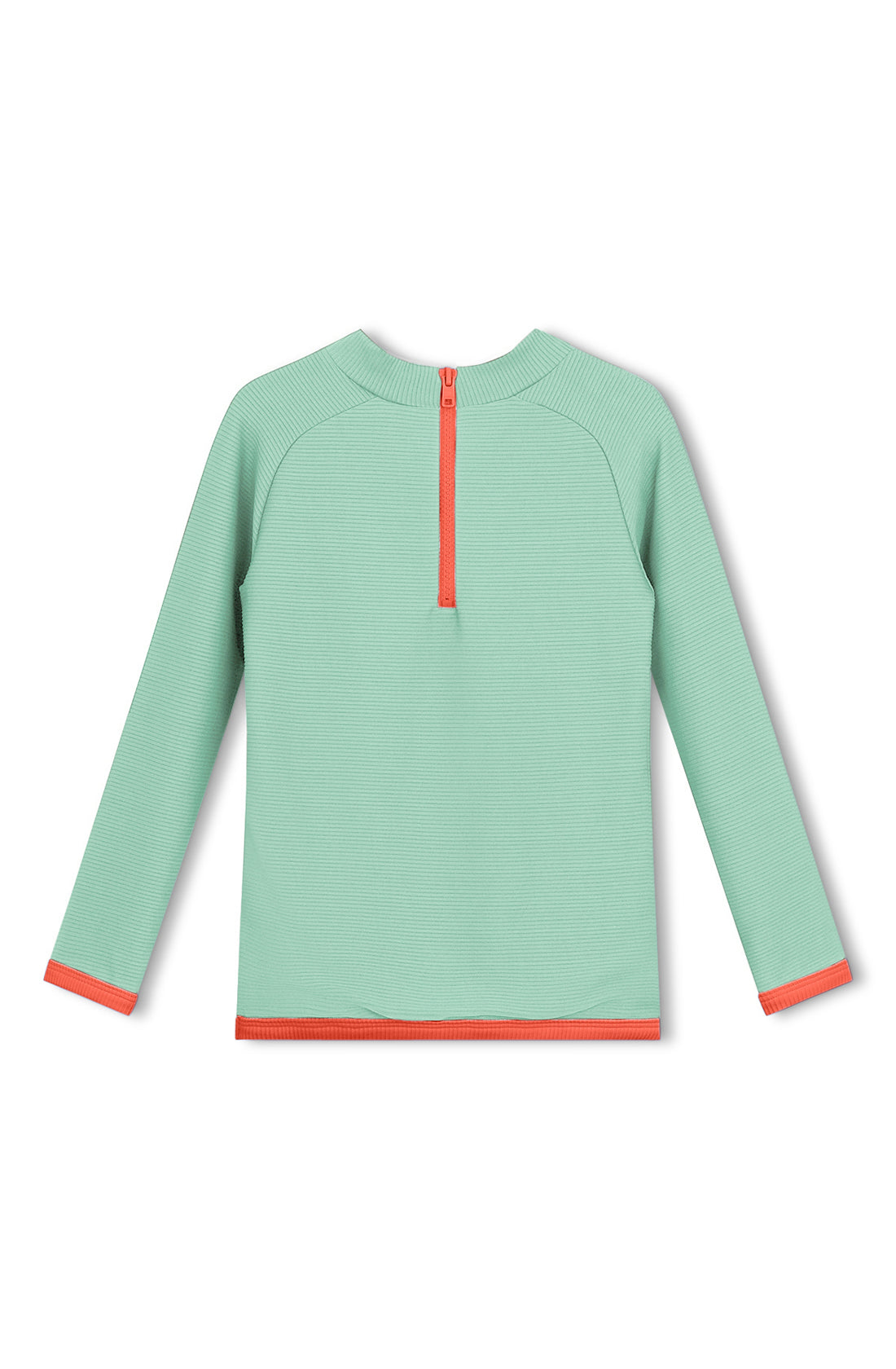 The ZULU & ZEPHYR Mini Rib Rashie in Turquoise is a long-sleeved shirt featuring orange trim at the cuffs and hem. Made from ECO MADE Recycled Spandex, it boasts a vertical orange zipper at the back neckline and provides UPF 50+ protection.