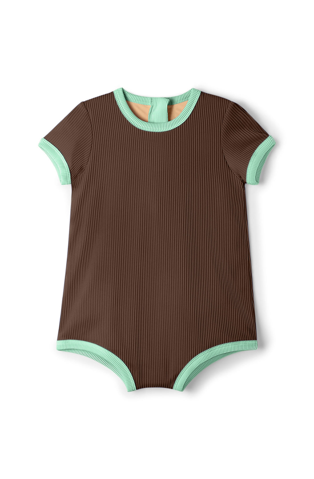 Introducing the Mini Infant Onesie Cacao from ZULU & ZEPHYR: a short-sleeved, ribbed baby onesie in brown with mint green trim around the scoop neckline, sleeve cuffs, and leg openings. This eco-friendly onesie features a snap-button closure on the back and is made from ECO MADE Recycled Spandex for maximum comfort.