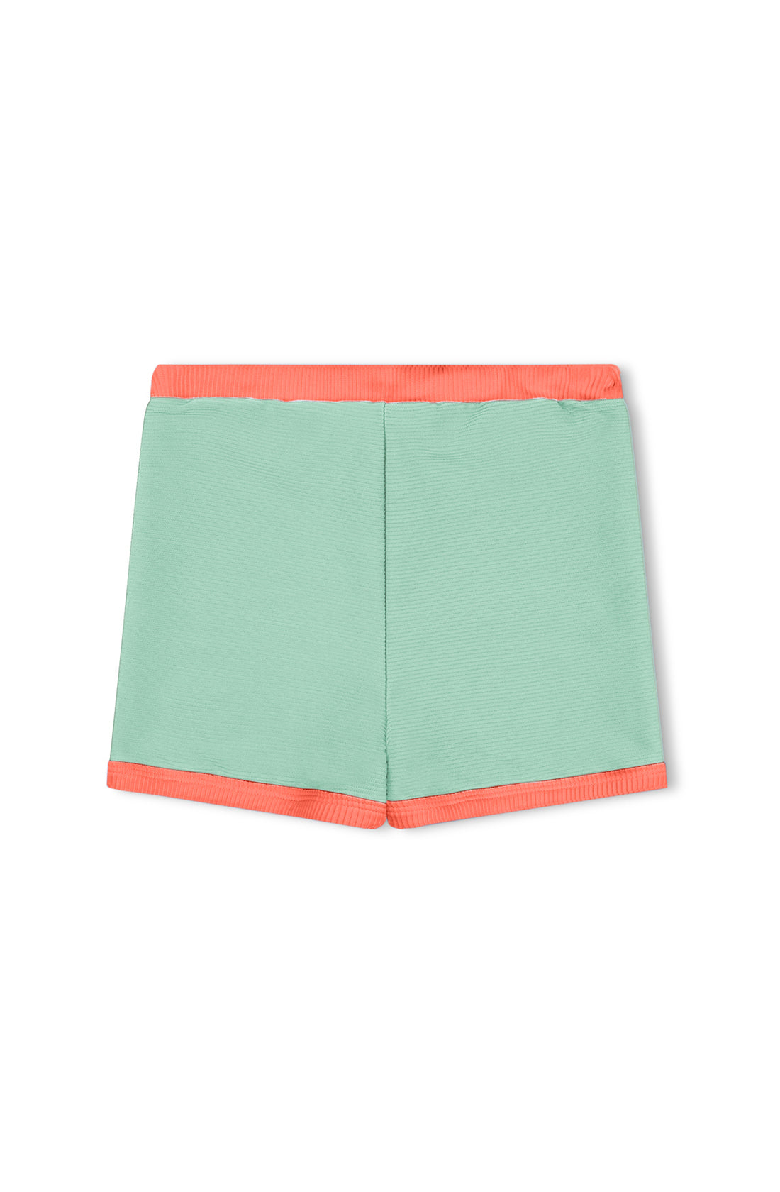 The Mini Rib Surf Short Turquoise by ZULU & ZEPHYR, displayed against a white background, features mint green fabric with orange trim on the waistband and leg openings. Crafted from ECO MADE Recycled Spandex, these shorts showcase a simple design with no visible pockets or logos and include a drawcord in the waistband for added comfort.