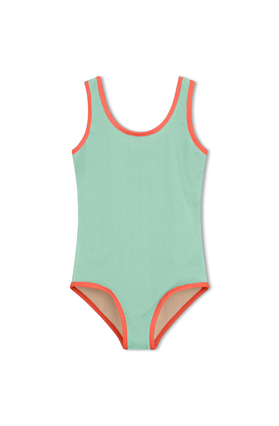 The size chart for the "Mini Scoop One Piece Turquoise" by ZULU & ZEPHYR, labeled "ZZ MINI - KIDS", features ECO MADE Recycled Spandex and lists sizes 2 to 8 by age. Measurements in centimeters for chest, waist, hip, and height are provided. A note advises choosing sizes based on age and recommends sizing up for growth.