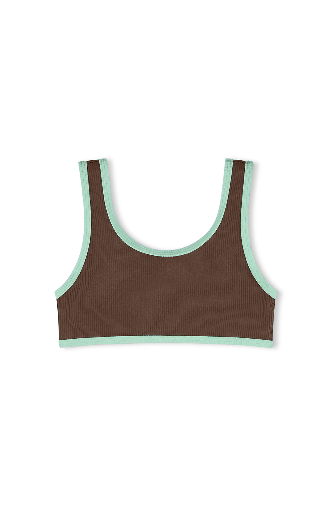 The Mini Scoop Bikini Top Cacao from ZULU & ZEPHYR is a cropped tank top featuring a scoop neckline with brown ribbed fabric and light blue trim along the edges. This simple, athletic design is made with eco-friendly Repreve Nylon, making it a sustainable choice.