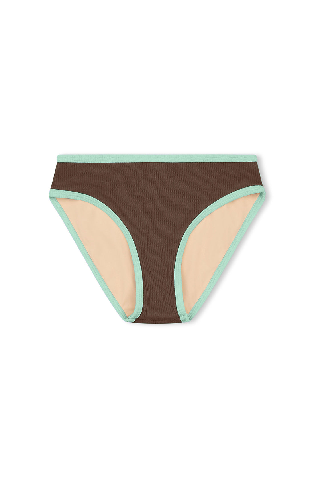 The Mini Rib Bikini Bottom Cacao by ZULU & ZEPHYR is a pair of brown bikini bottoms featuring light green trim and beige side panels. Made from Repreve Nylon, the fabric has a ribbed texture and offers a classic cut with medium coverage against a plain white background.