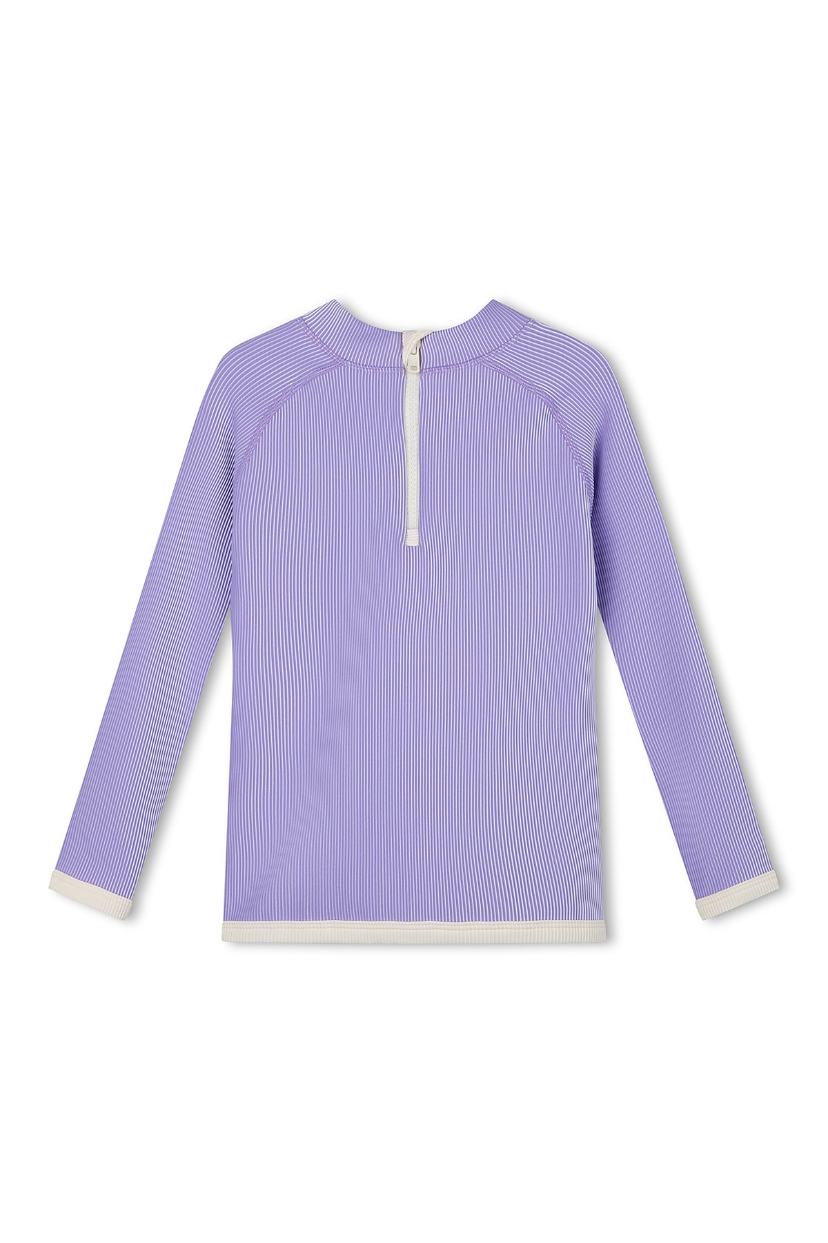 The PRE-ORDER Mini Stripe Rashie Grape by ZULU & ZEPHYR showcases a back view of the long-sleeve shirt. The light purple, pinstriped design features a zipper running halfway down the back. Made from recycled materials, it boasts white trim accents on the neckline and sleeve cuffs, offering both style and sustainability.