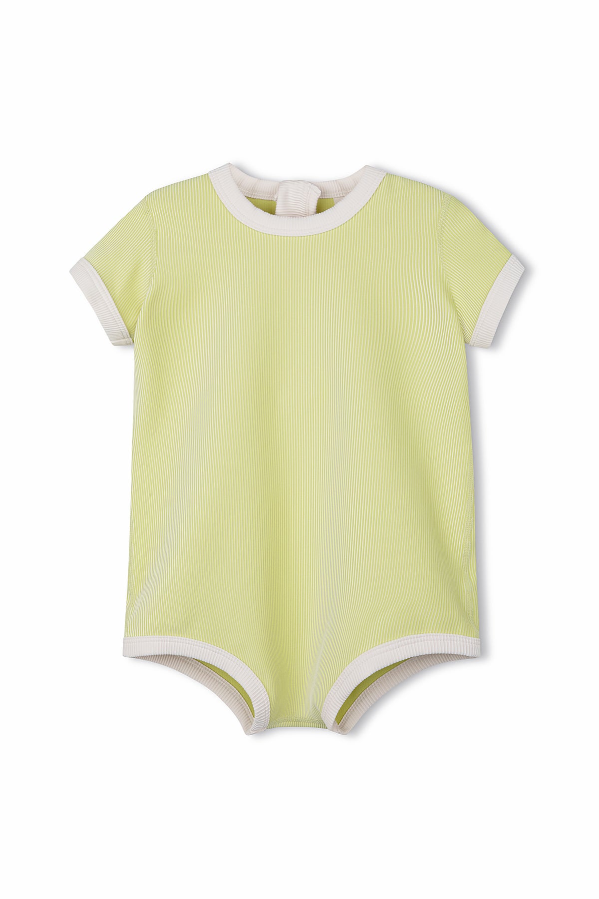 Introducing the PRE-ORDER Mini Stripe Rib Infant Onesie in Citrus from ZULU & ZEPHYR. This light green baby onesie features a subtle stripe pattern and is designed with short sleeves and white trim around the neck, sleeves, and leg openings. For easy dressing, it includes snaps at the back. Made from recycled nylon, it's an ideal choice for eco-conscious families. Pre-order now before it’s gone!