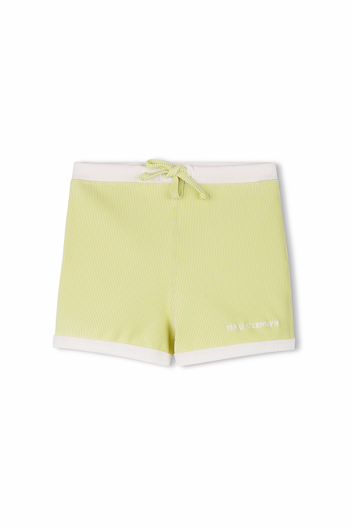 The PRE-ORDER Mini Stripe Rib Surf Short Citrus by ZULU & ZEPHYR features yellow stripes with a white waistband and drawstring. These custom stripe rib swimwear shorts come with rolled-up cuffs and a small white logo on the lower left side.