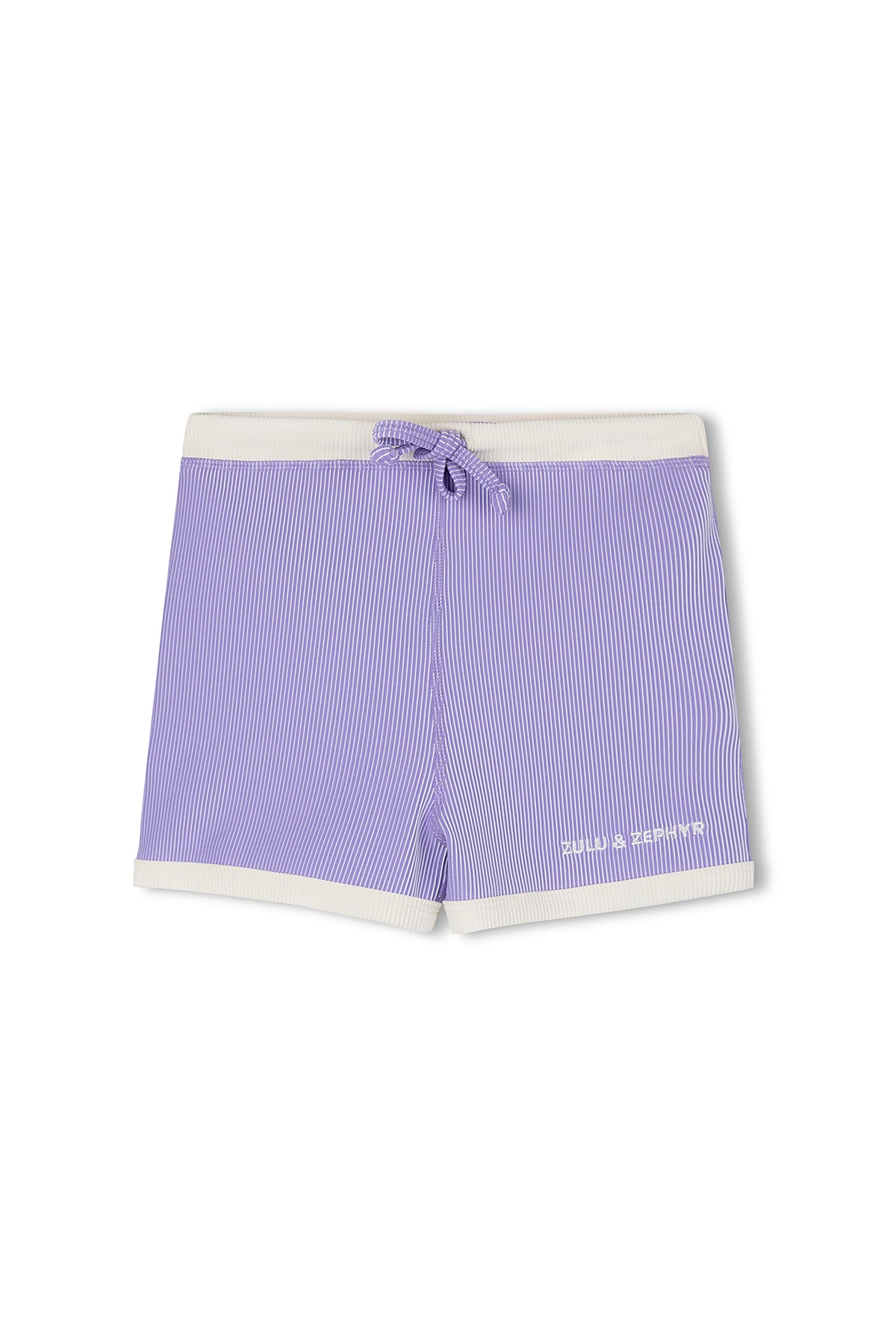 Introducing the PRE-ORDER Mini Stripe Rib Surf Short Grape by ZULU & ZEPHYR: a stylish pair of purple and white striped swimwear shorts featuring a comfortable white elastic drawcord waistband, white trim at the leg openings, and small white text near the hem on one leg. Crafted from recycled fabric, these shorts are available for pre-order.