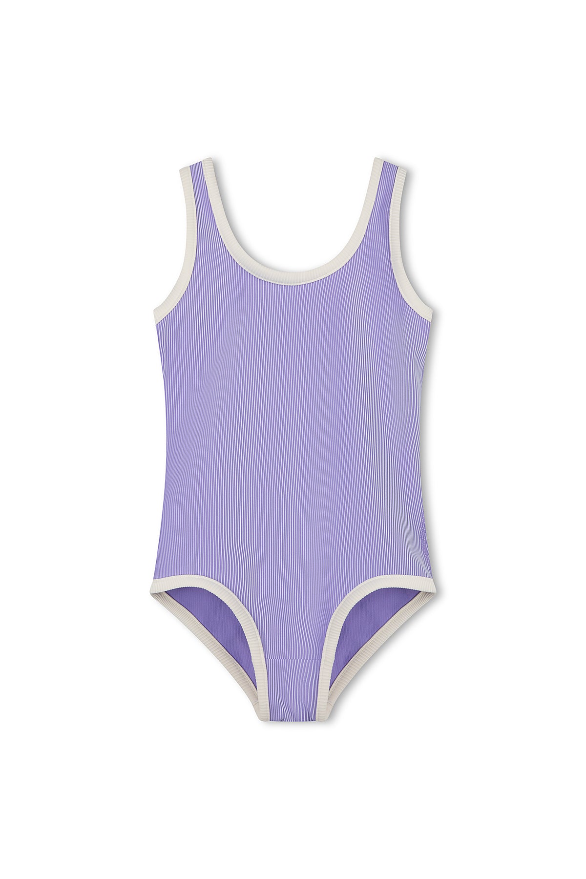 The PRE-ORDER Mini Stripe Scoop Rib One Piece Grape by ZULU & ZEPHYR is a sleeveless, one-piece swimsuit in a light purple color with fine white vertical stripes. Made from recycled nylon, this eco-friendly swimwear features a white trim around the armholes, neck, and leg openings. Displayed flat against a white background and available for pre-order.