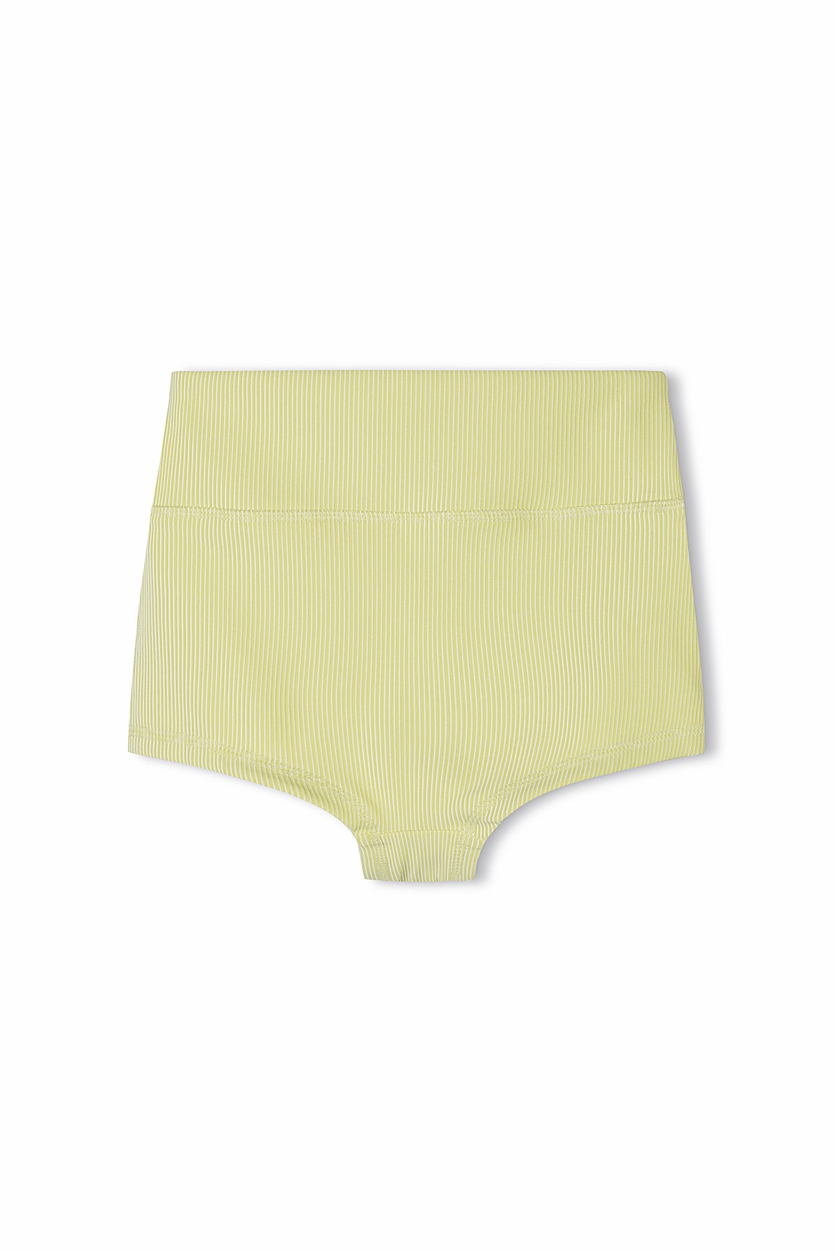 Discover the Pre-Order Mini Stripe Rib Boy Short Citrus by ZULU & ZEPHYR, a pair of high-waisted, light yellow bikini bottoms featuring thin vertical stripes and a wide waistband. Made from smooth and stretchy recycled nylon, the fabric ensures a comfortable fit. This stylish swimwear option provides moderate coverage and is available for pre-order now.