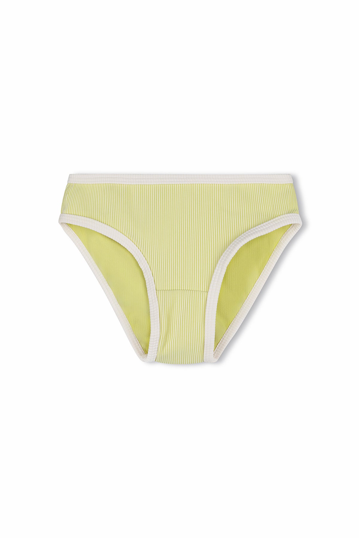 The PRE-ORDER Mini Stripe Rib Bikini Bottom Citrus by ZULU & ZEPHYR features a light green and white striped pattern with white trim around the waistband and leg openings. Crafted from recycled materials, this bikini bottom boasts a subtle ribbed texture. It is displayed against a plain white background.