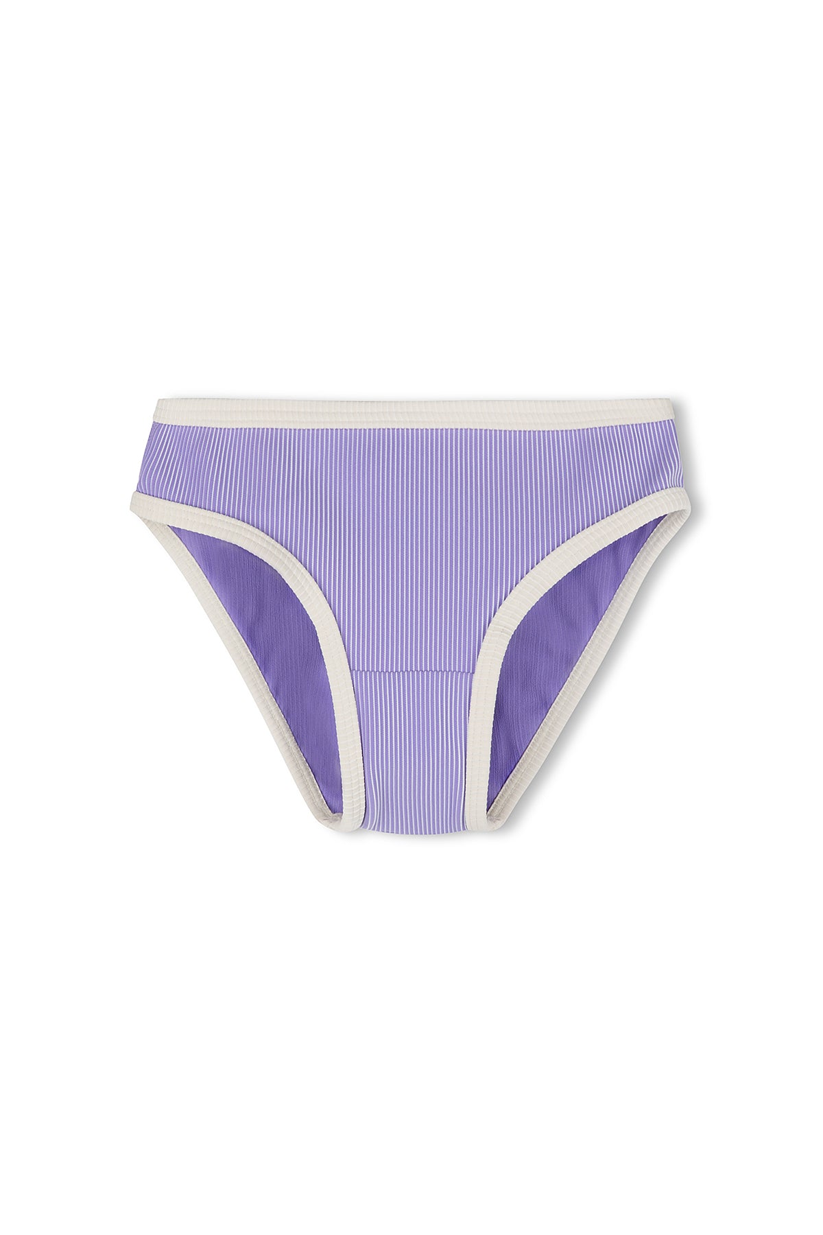 The Pre-Order Mini Stripe Rib Bikini Bottom Grape by ZULU & ZEPHYR is shown. This women's bikini-style swimwear features a lavender and white striped pattern, with white trim along the edges and a smooth, seamless design. Made from recycled nylon, it is laid flat against a plain white background. Available for pre-order.