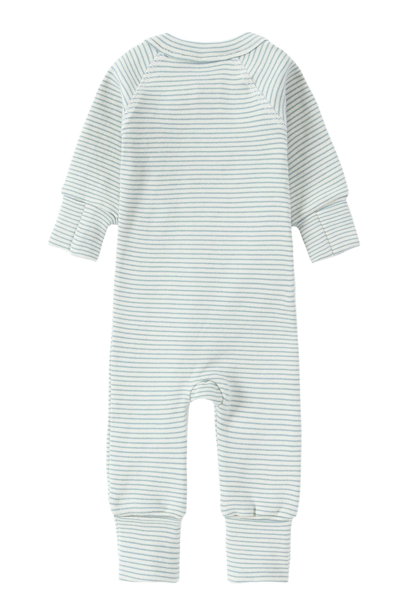 The SUSUKOSHI Zip Suit Seashore is a light green and white striped infant onesie made from organic cotton. It features long sleeves, footless legs, cuffed sleeves and ankles, and two small snap buttons at the neckline for easy dressing. The fabric looks soft and comfortable.