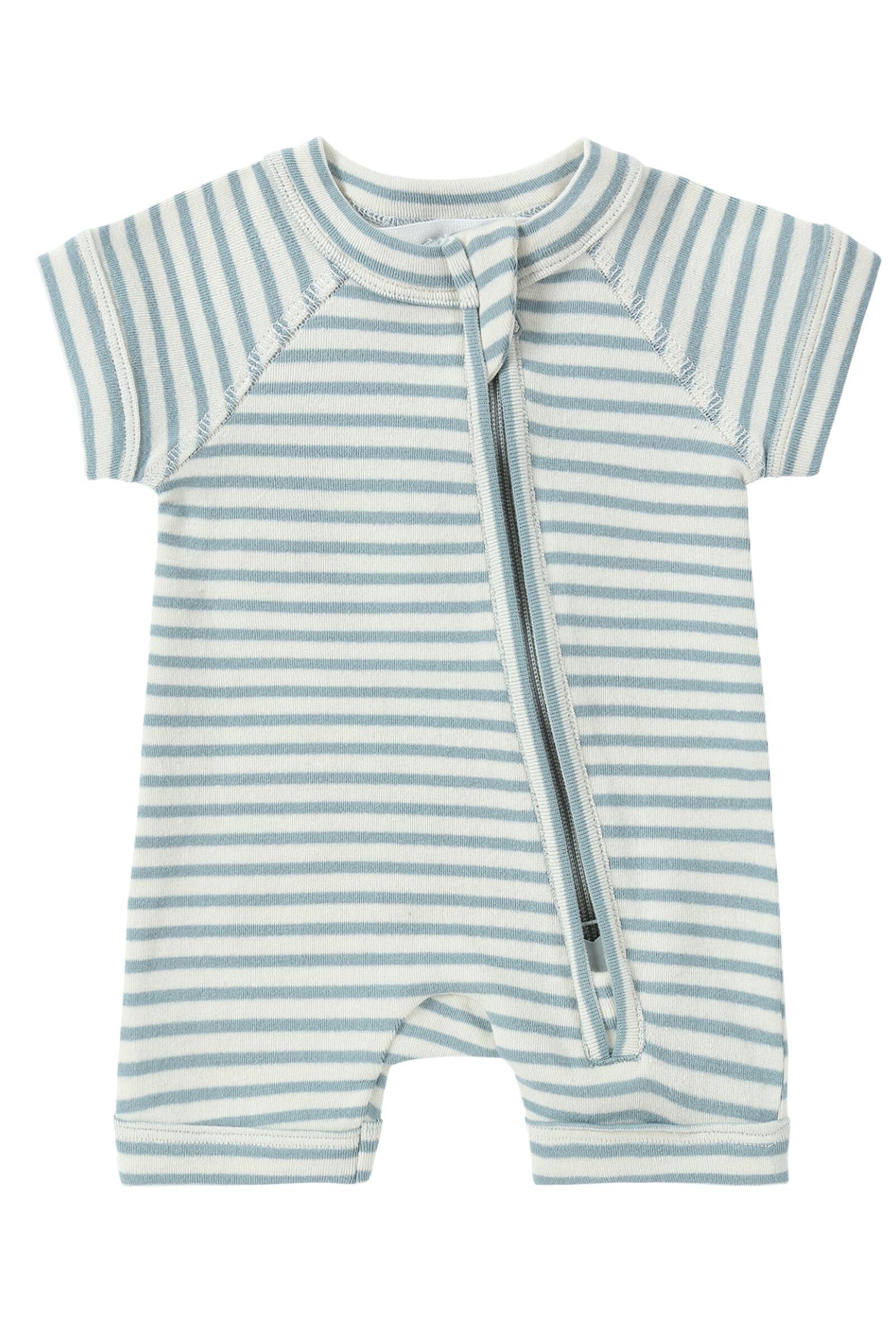 The SUSUKOSHI Zip Suit Seaside is a short-sleeved baby outfit adorned with blue and white horizontal stripes. Made from organic cotton, it includes a diagonal two-way zipper that extends from the neckline center to the left leg cuff, facilitating easy dressing and diaper changes.