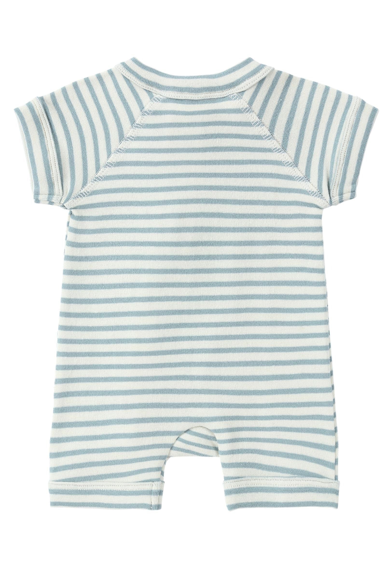 Introducing the Zip Suit Seaside by SUSUKOSHI: This short-sleeve romper, crafted from organic cotton, showcases light blue and white horizontal stripes. It features a crew neck and short legs, complemented by a practical two-way zip for effortless changing. The back view offers a simple, comfortable design without any extra embellishments.