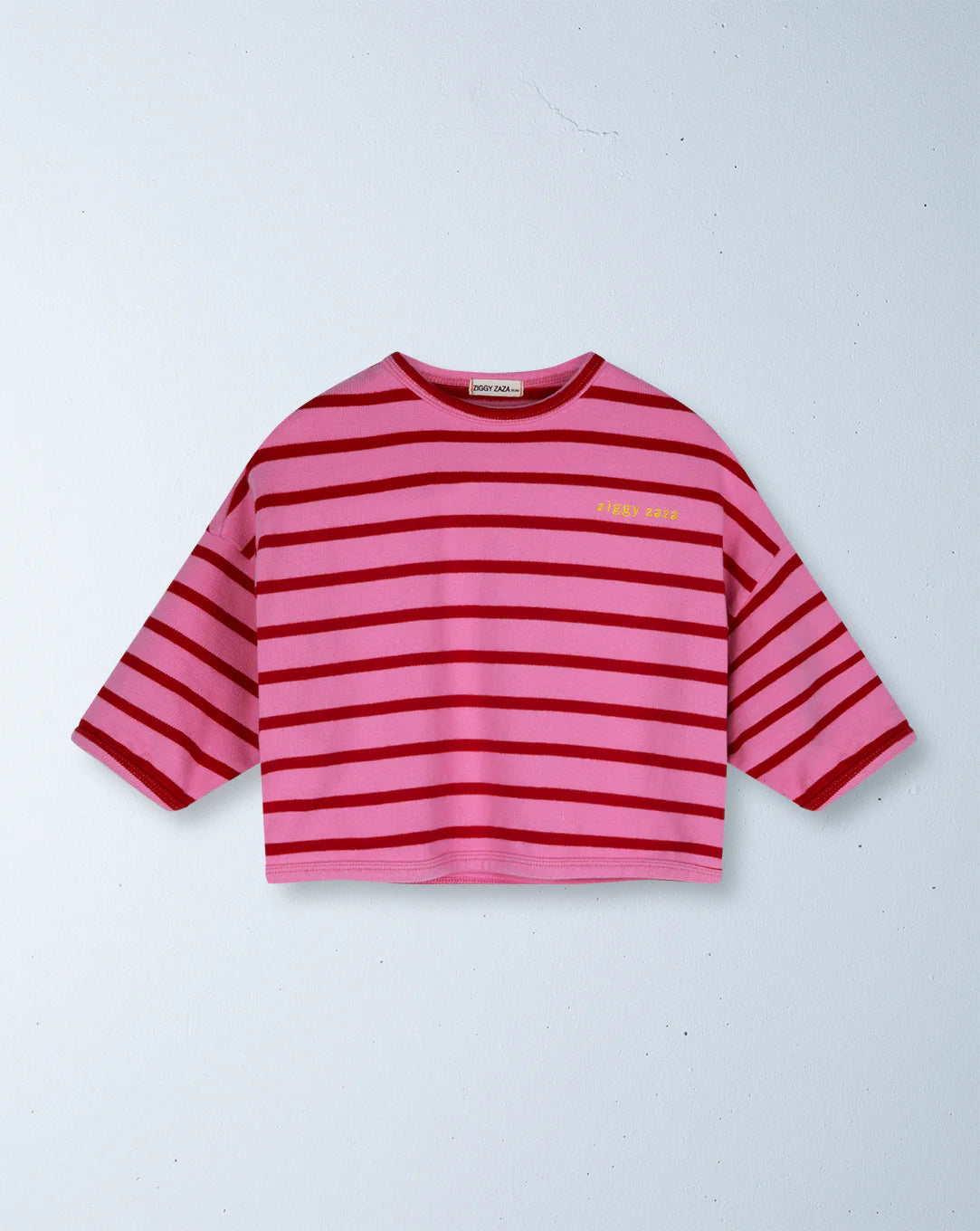 The ZIGGY ZAZA "Row Row Pullover Rose Stripe" is a pink and red striped cropped t-shirt with half-length sleeves and small yellow text on the left chest, displayed against a light gray wall.