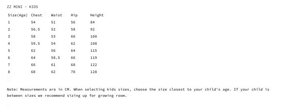 A size chart labeled "Mini Rib Rashie Cacao - KIDS" from ZULU & ZEPHYR includes columns for age, chest, waist, hip, and height measurements in centimeters. Sizes range for children ages 1 to 8. The product is made from sustainable Recycled Spandex. A note advises selecting a size close to the child's age and considering sizing up for growth.