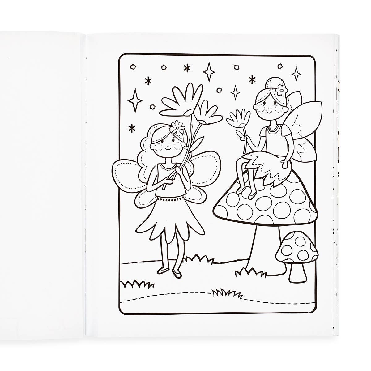 A page in a colour in book with two fairies holding flowers and one sitting on a mushroom.