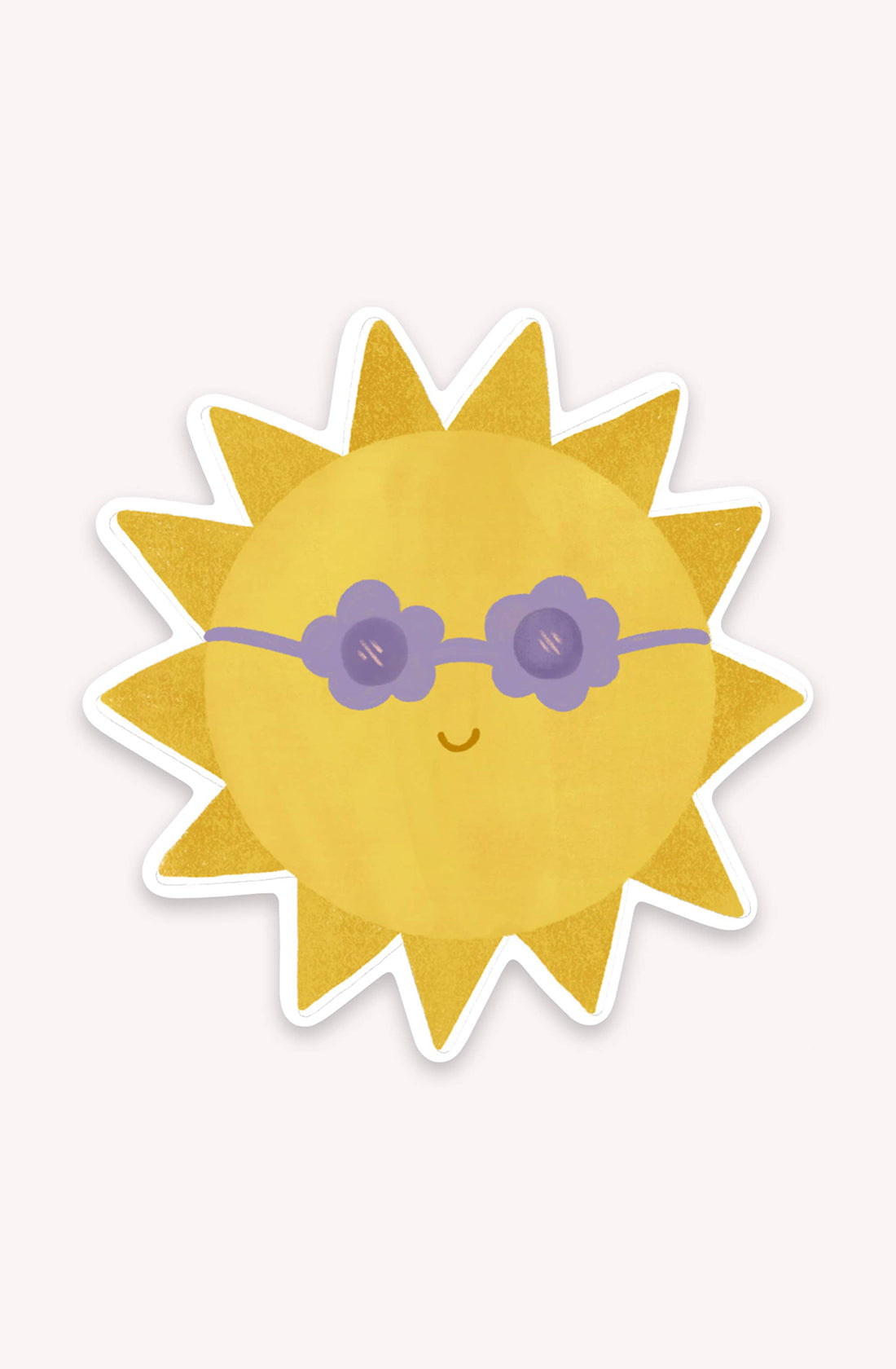 The LAUREN SISSONS STUDIO Sunshine Sticker features a cute, illustrated yellow sun with a smiley face wearing purple, flower-shaped sunglasses. The sun sticker has pointy rays and a cheerful expression, radiating positive vibes against a plain white background.