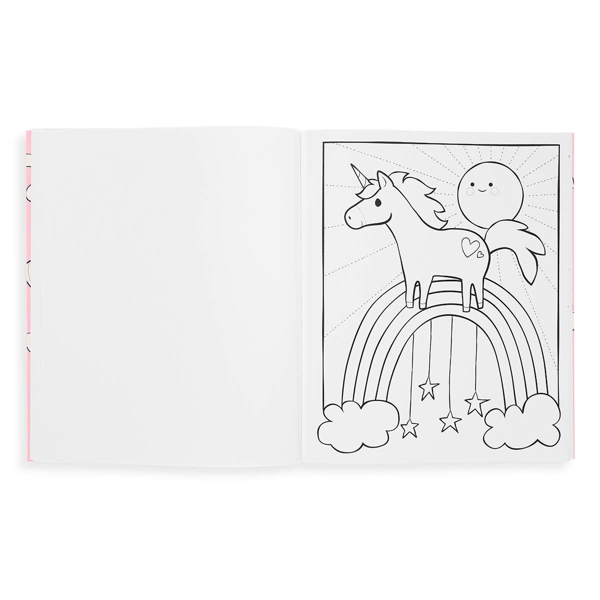 A picture of a unicorn on a rainbow in a colour in book, uncoloured.