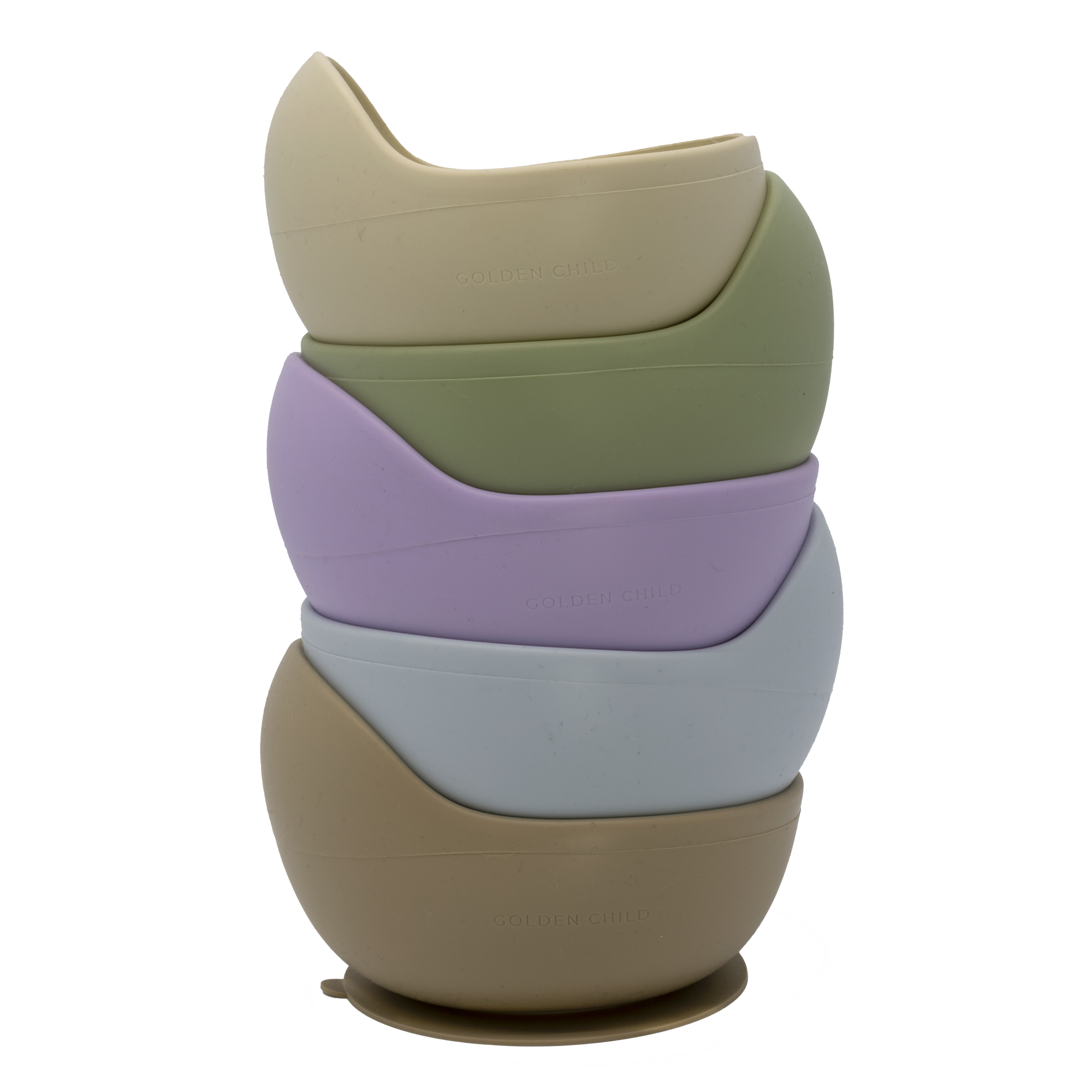 A stack of children’s BPA free silicone feeding bowls in multiple colours.