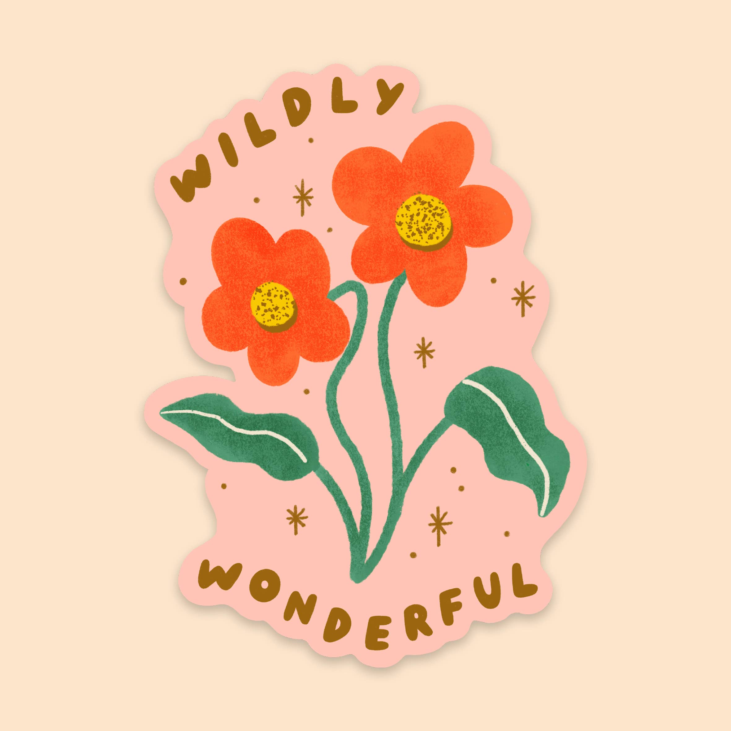 Illustration of two orange wildflowers with green leaves on a pink background, surrounded by small golden star shapes. The text "WILDLY WONDERFUL" is written above and below the flowers in brown, curved, uppercase letters. This Wildly Wonderful Sticker from LAUREN SISSONS STUDIO would make a perfect positive addition to your vinyl collection.