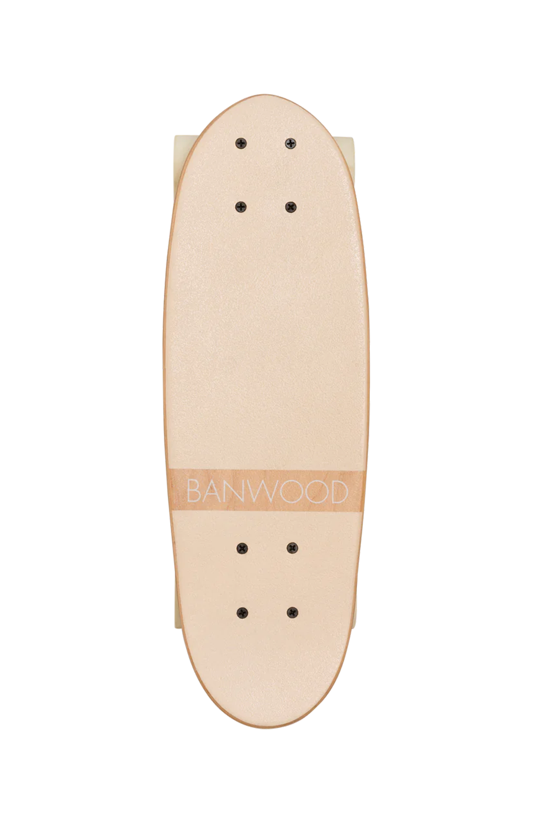 A cream wooden banwood kids skateboard with the word banwood across the bottom.