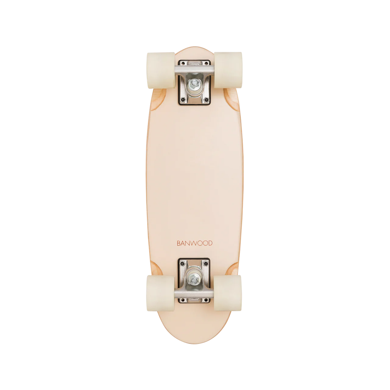 The bottom of a cream wooden banwood kids scooter with white wheels and the word banwood just above the bottom set of wheels.