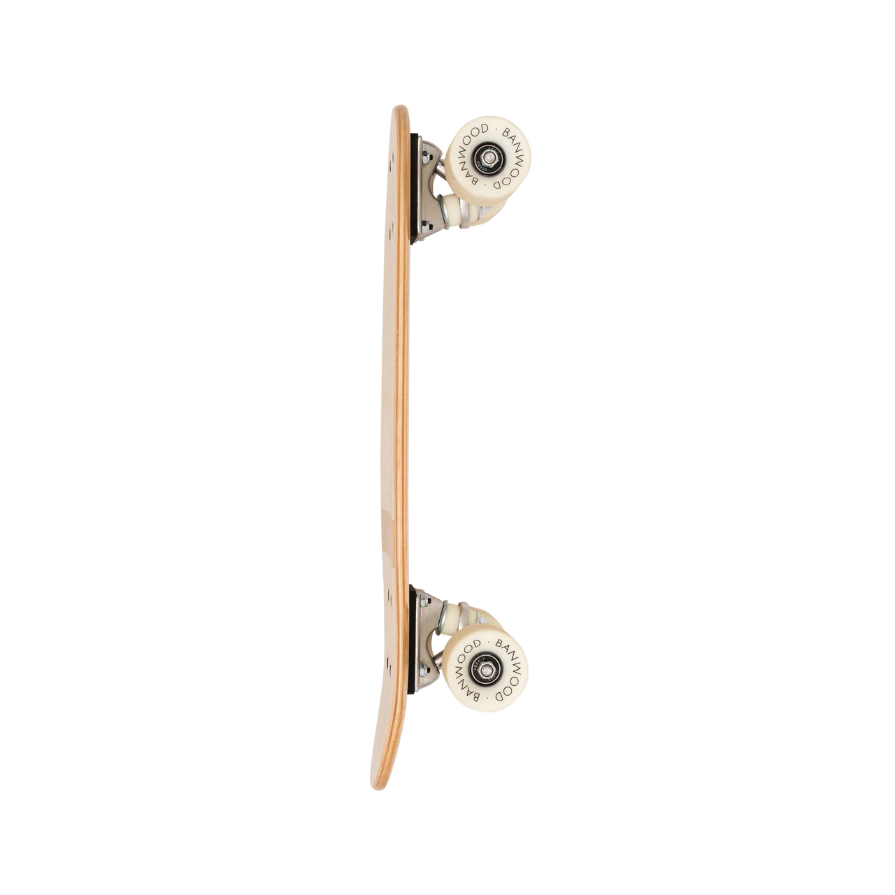 The side view of a wooden banwood kids skateboard with white wheels.