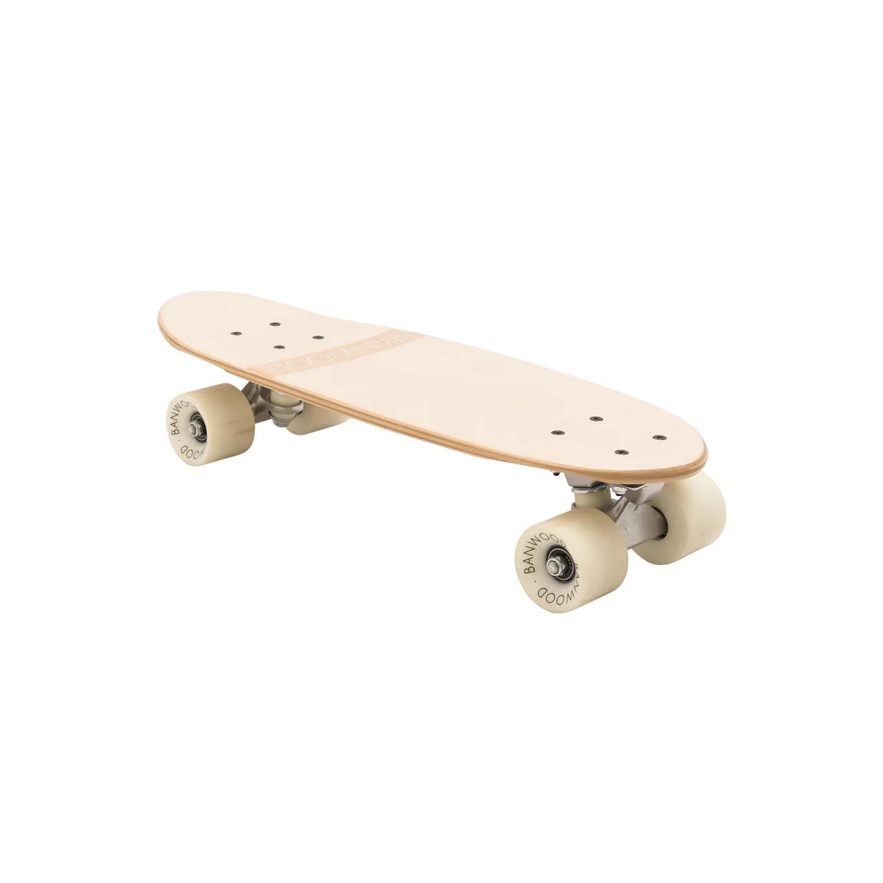 A 45 degree angle shot of a cream wooden banwood kids skateboard with the word banwood across the bottom.