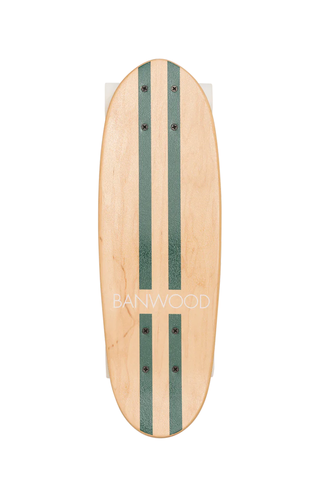 A wooden banwood kids skateboard with the word banwood across the bottom and two green stripes going vertically down the board, on a white background.