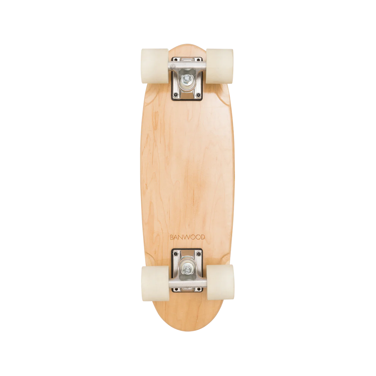 The bottom of a wooden banwood kids scooter with white wheels and the word banwood just above the bottom set of wheels.