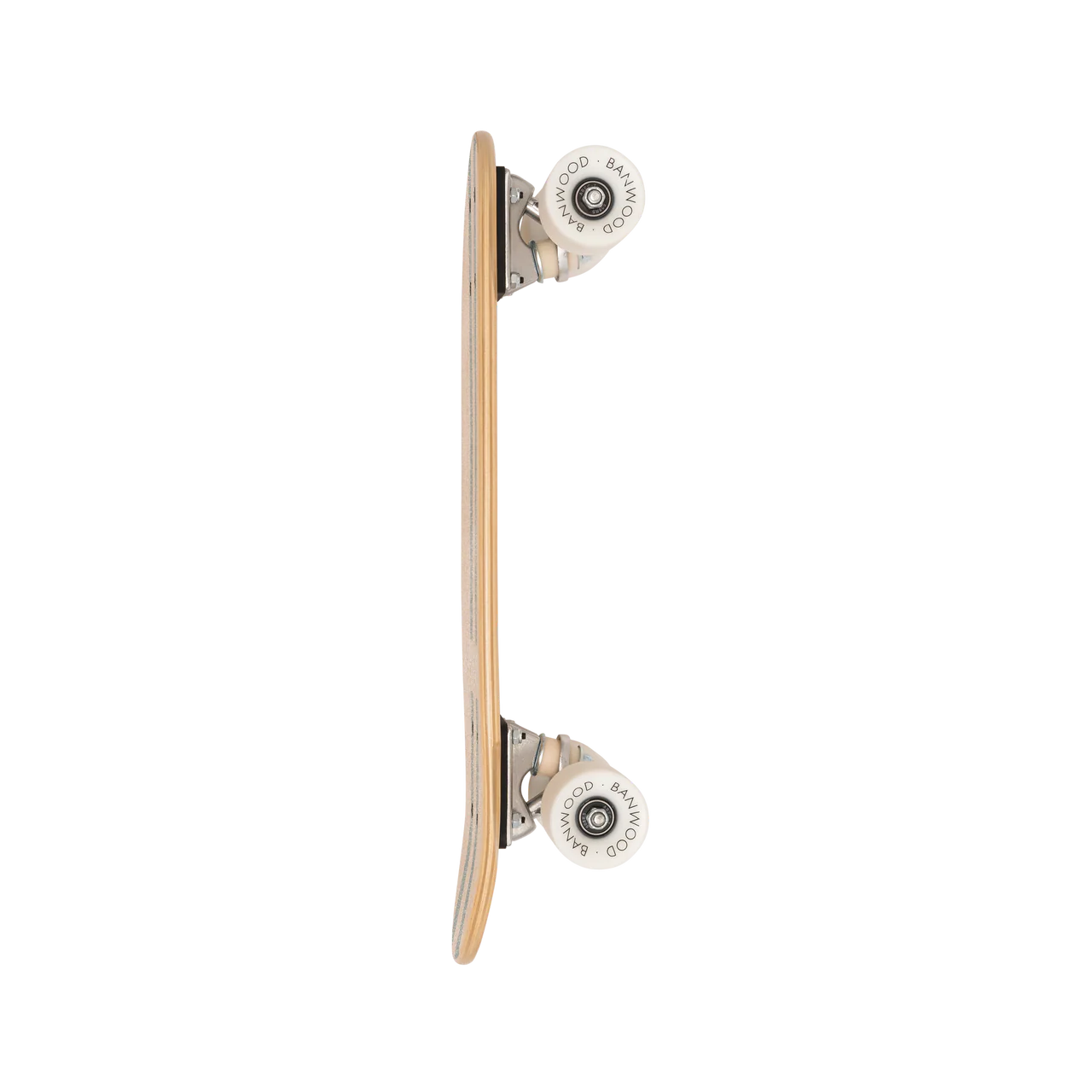 The side view of a wooden banwood kids skateboard with white wheels.