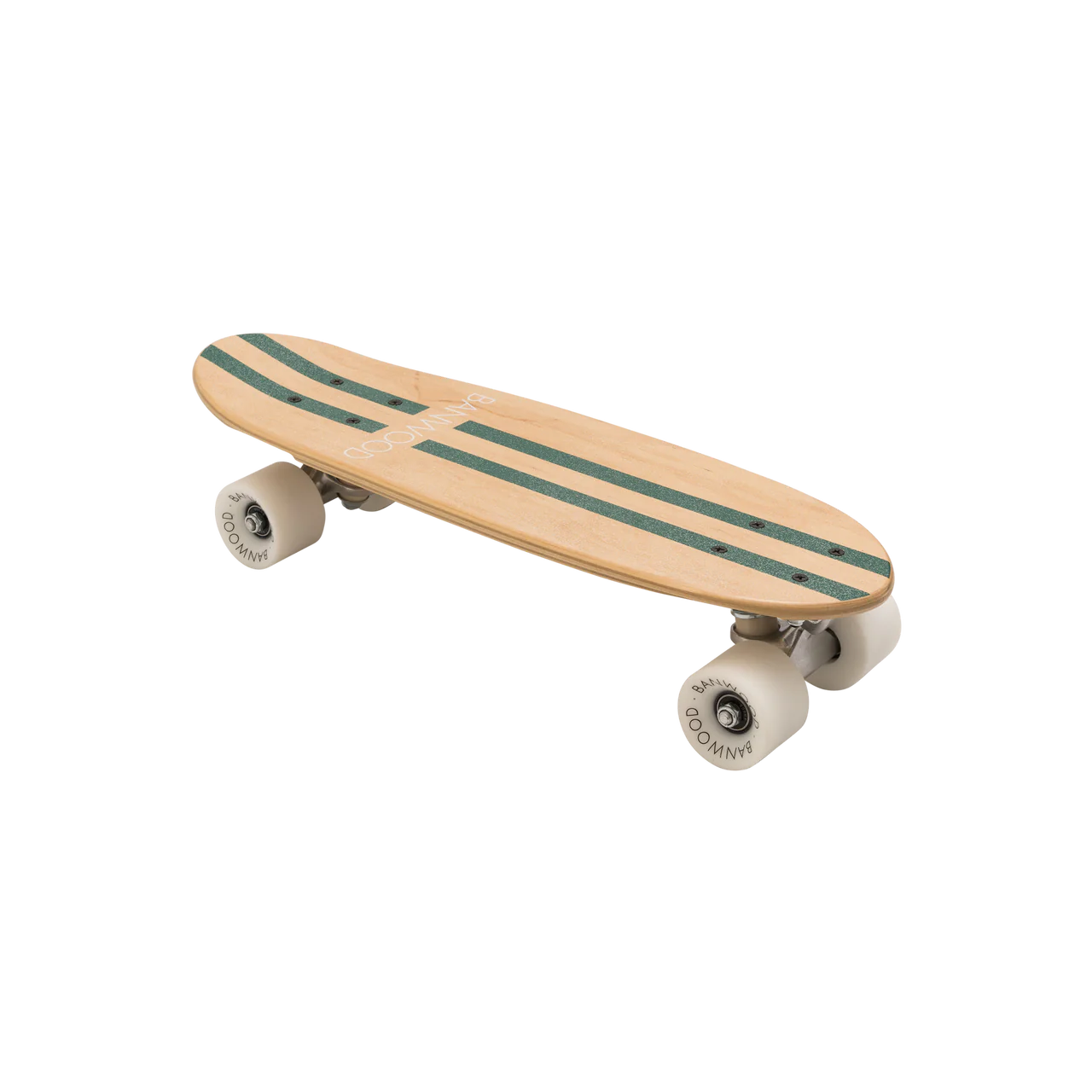 The BANWOOD Skateboard boasts a wooden deck made from Canadian Maple, featuring two dark green stripes running lengthwise across the top side. Complemented with white wheels and silver trucks, this skateboard effortlessly blends vintage style with a classic cruiser design, perfect for smooth riding and maneuverability.