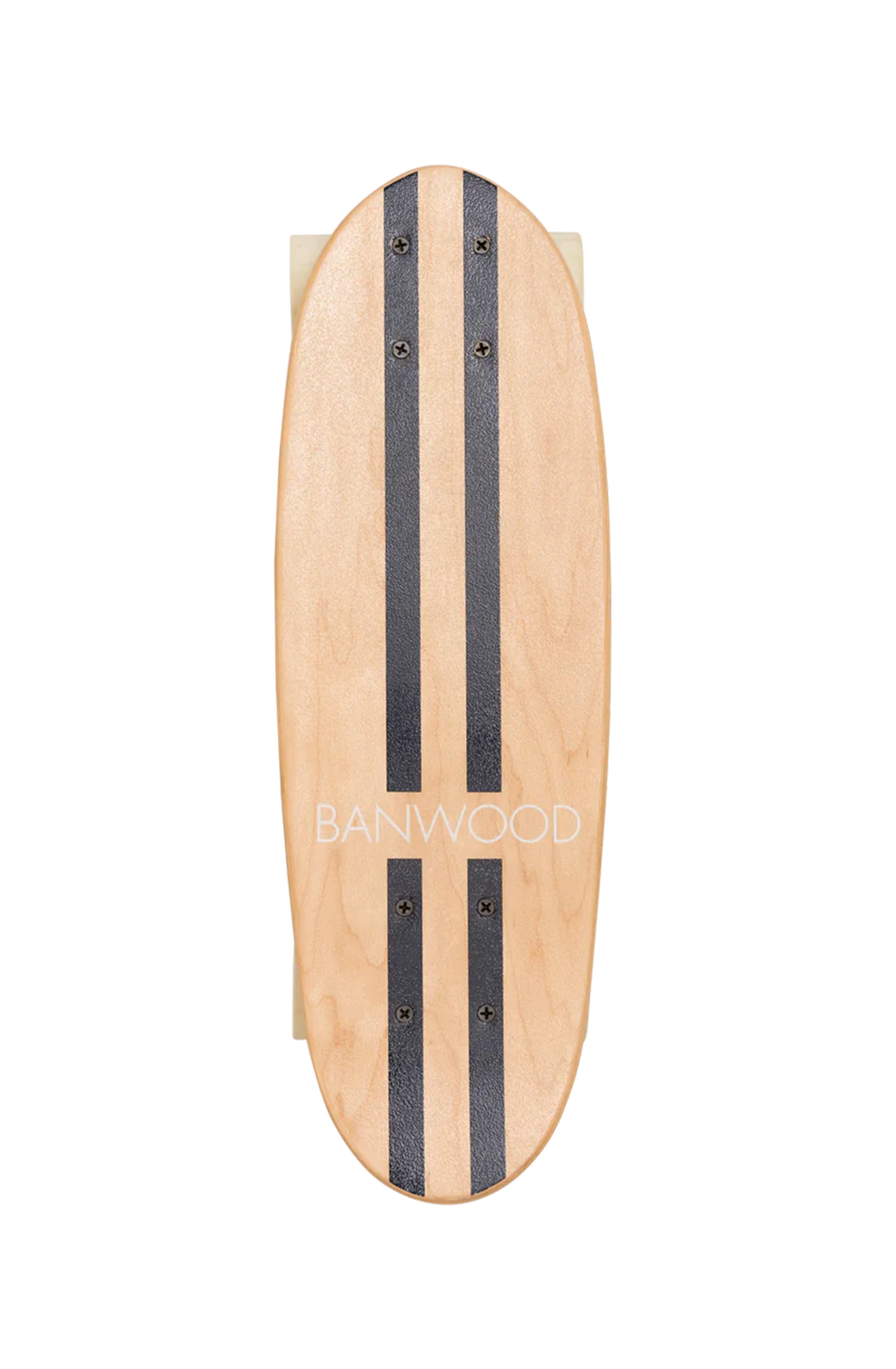 A wooden banwood kids skateboard with the word banwood across the bottom and two navy stripes going vertically down the board, on a white background.