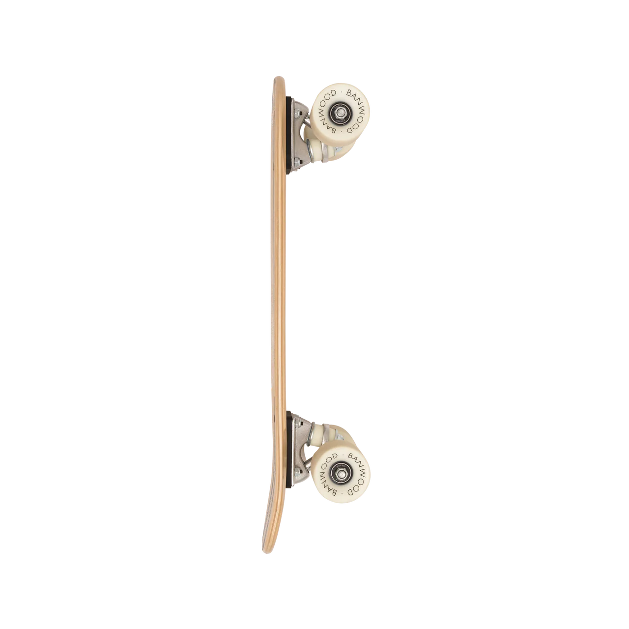 The side view of a wooden banwood kids skateboard with white wheels.