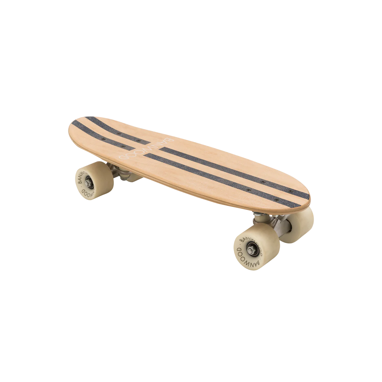 A 45 degree angle shot of a wooden banwood kids skateboard with the word banwood across the bottom and two navy stripes going vertically down the board, on a white background.