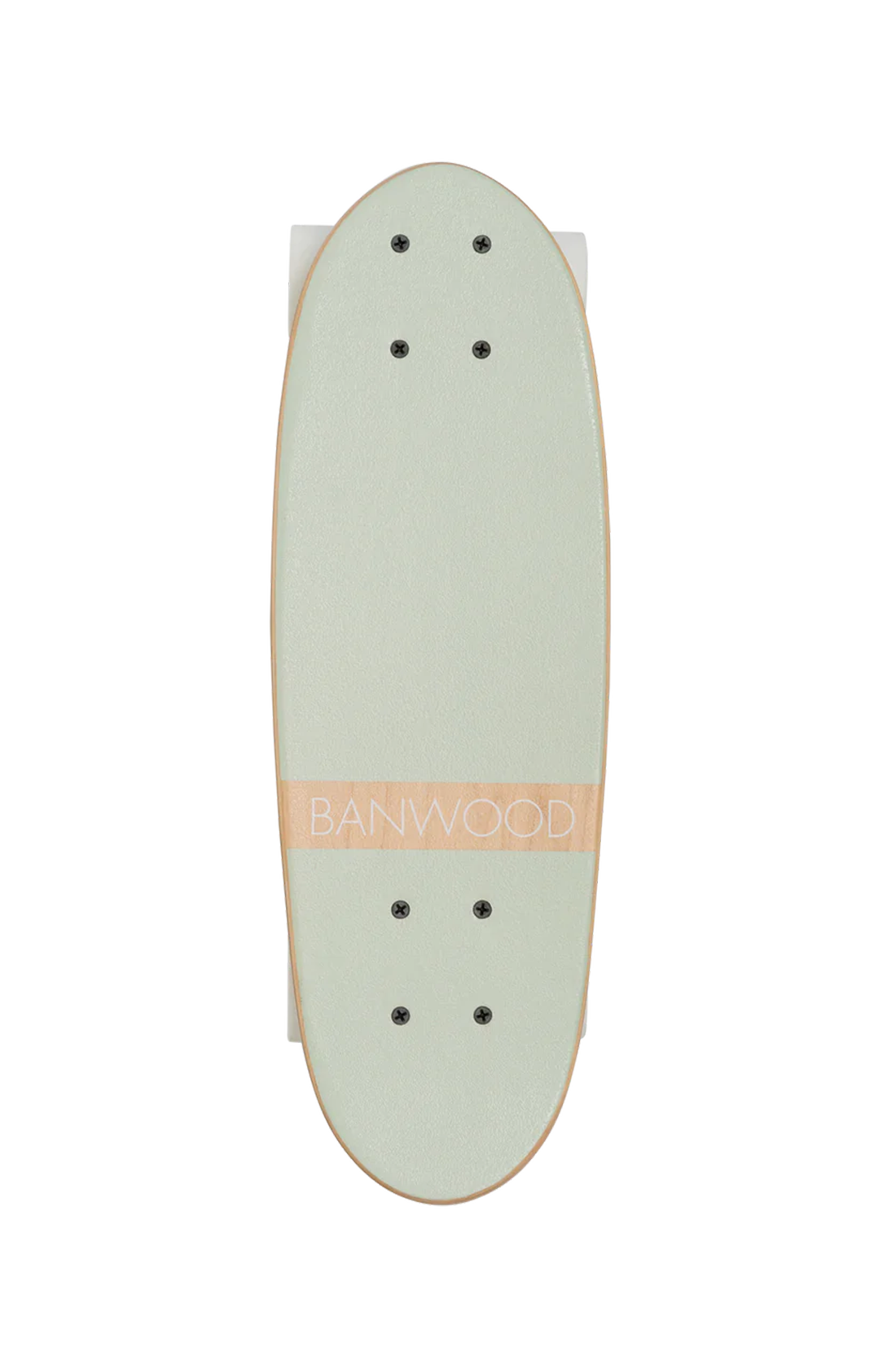 A pale mint wooden banwood kids skateboard with the word banwood across the bottom.