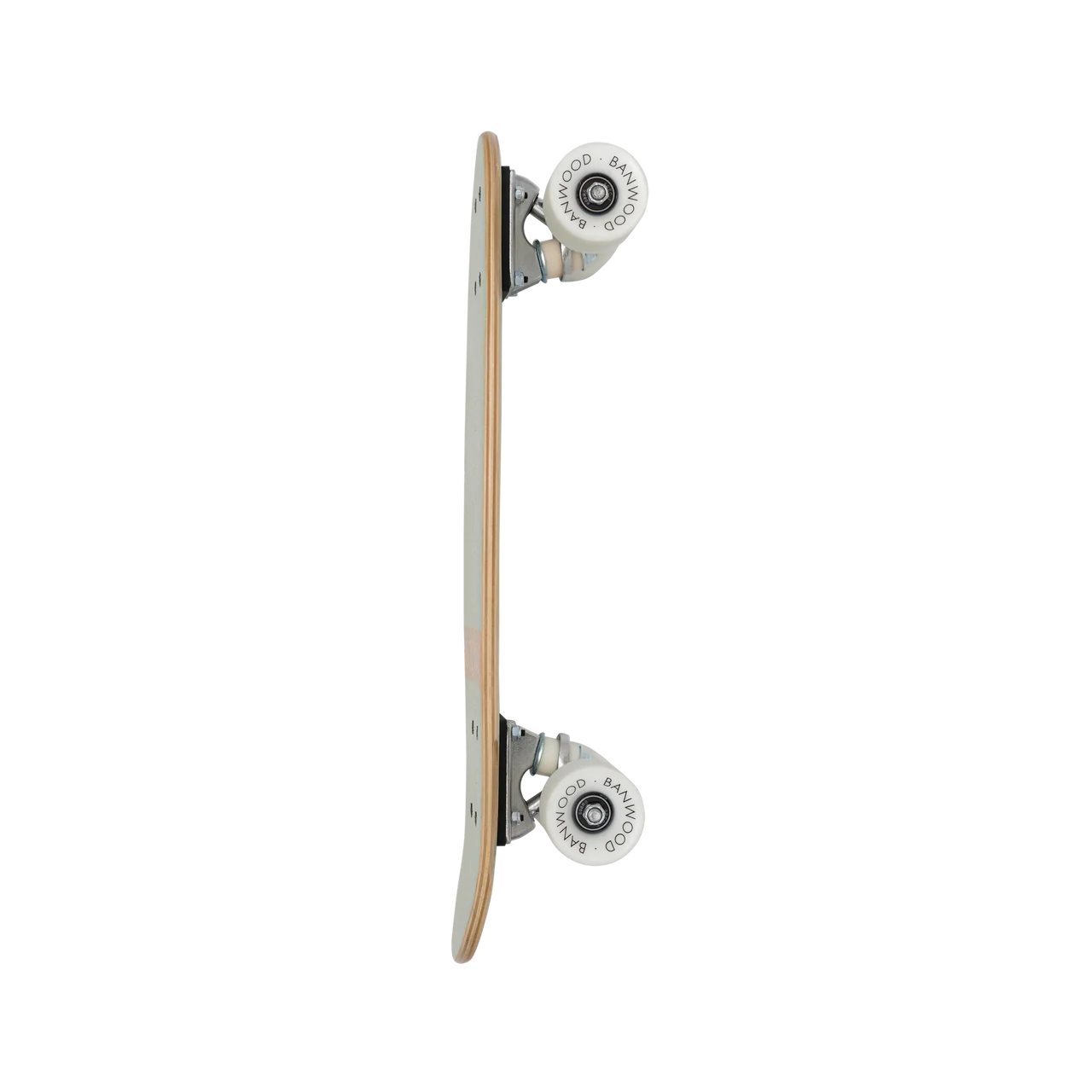 The side view of a wooden banwood kids skateboard with white wheels.