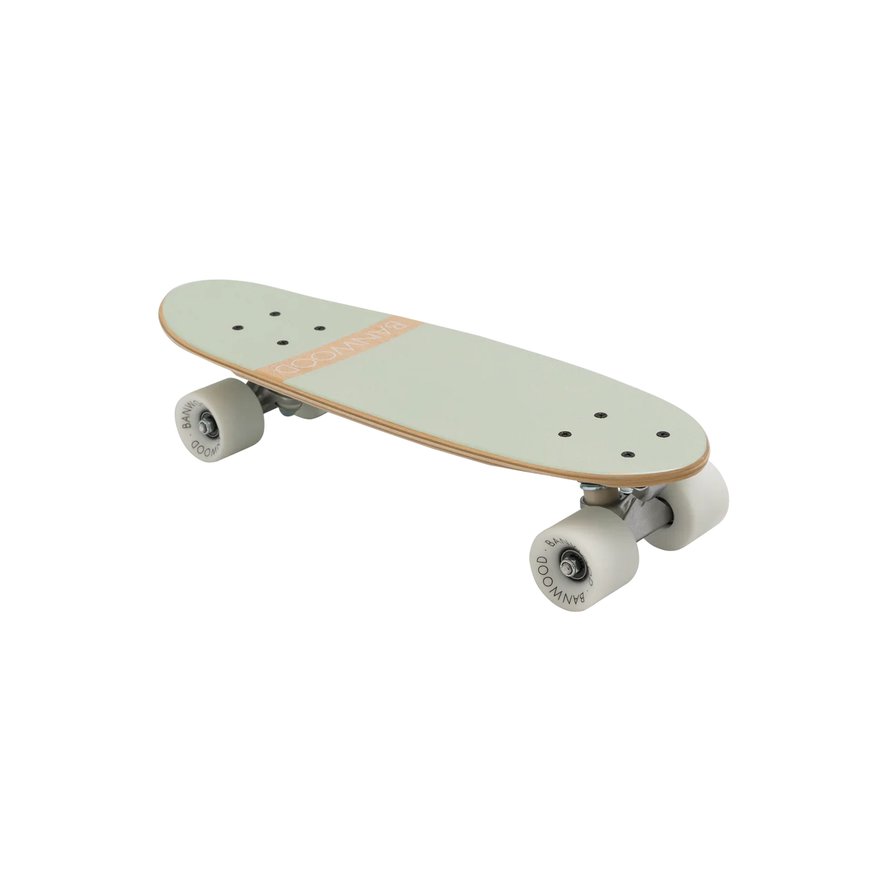 A 45 degree angle shot of a pale mint wooden banwood kids skateboard with the word banwood across the bottom.