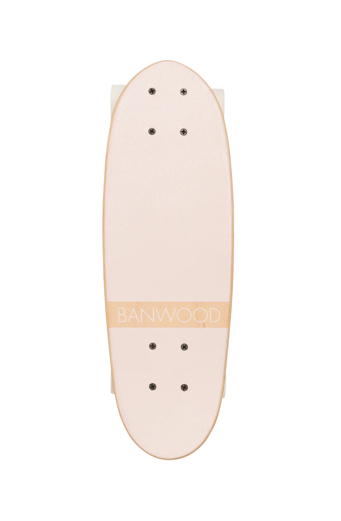 A pink wooden banwood kids skateboard with the word banwood across the bottom.