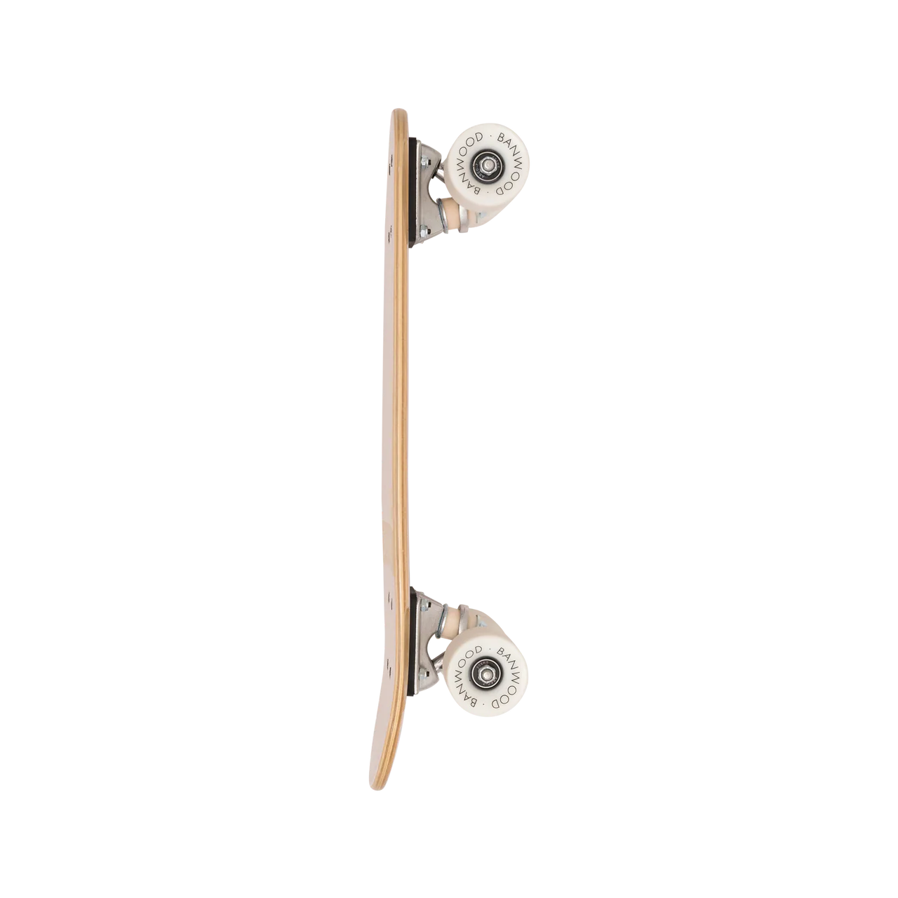 The side view of a wooden banwood kids skateboard with white wheels.