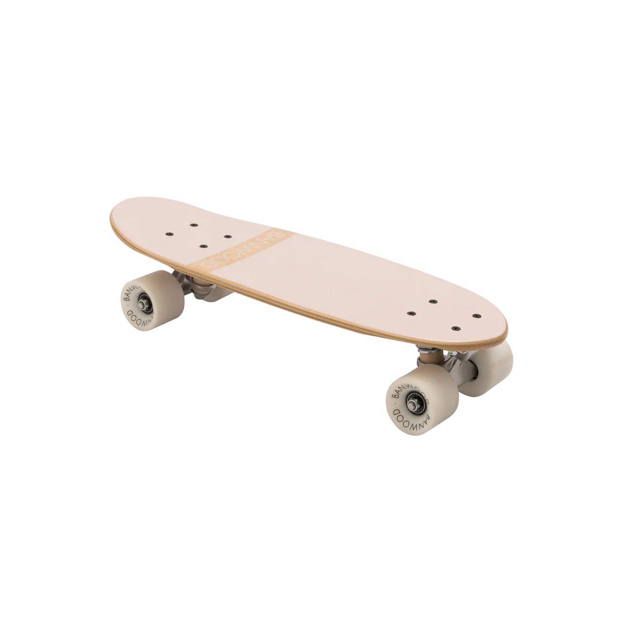 A 45 degree angle shot of a pink wooden banwood kids skateboard with the word banwood across the bottom.