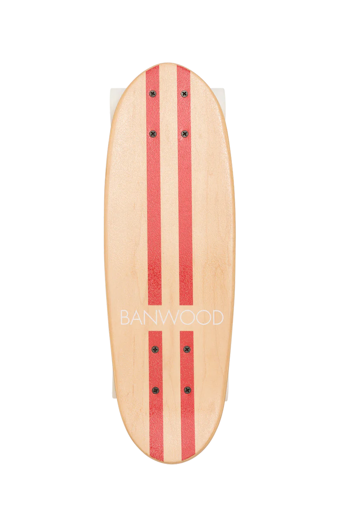 A wooden banwood kids skateboard with the word banwood across the bottom and two red stripes going vertically down the board, on a white background.