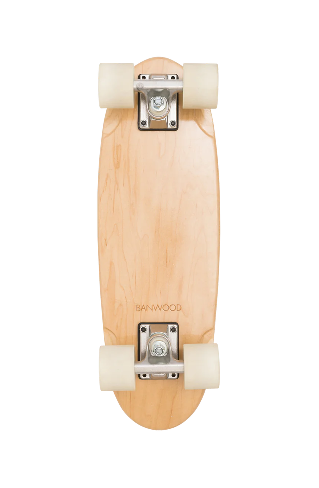 The bottom of a wooden banwood kids scooter with white wheels and the word banwood just above the bottom set of wheels.