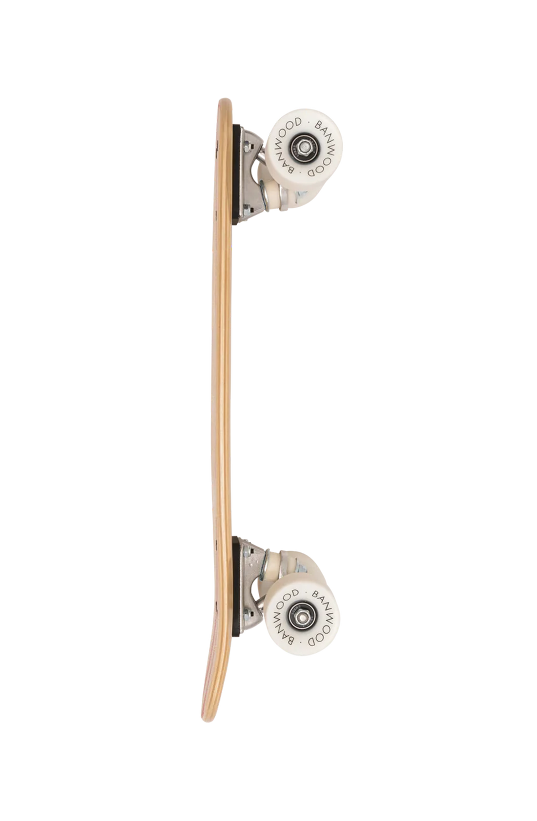 A side view of a wooden banwood kids skateboard with white wheels.