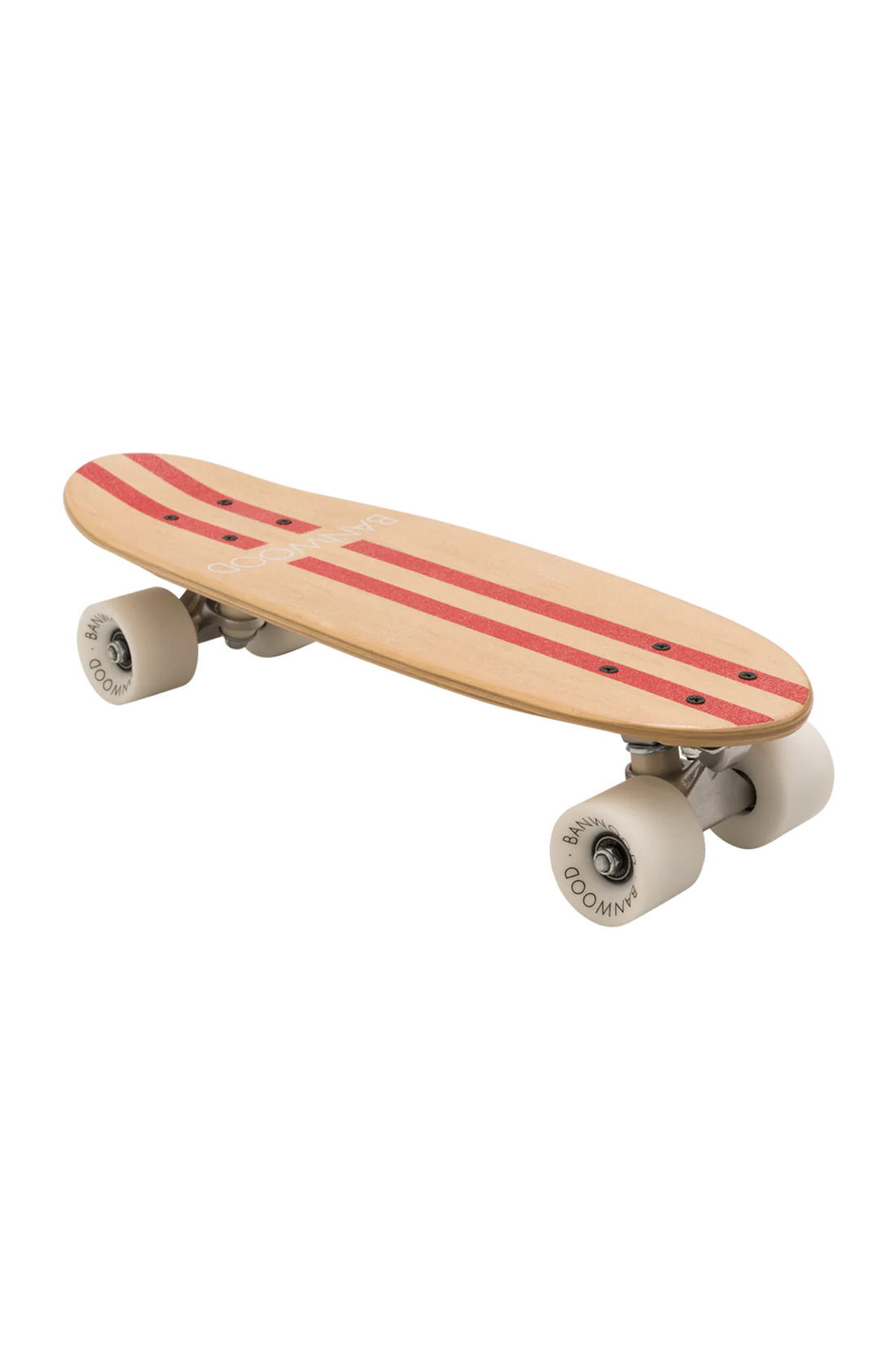 A 45 degree angle of a wooden banwood kids skateboard with the word banwood across the bottom and two red stripes going vertically down the board.